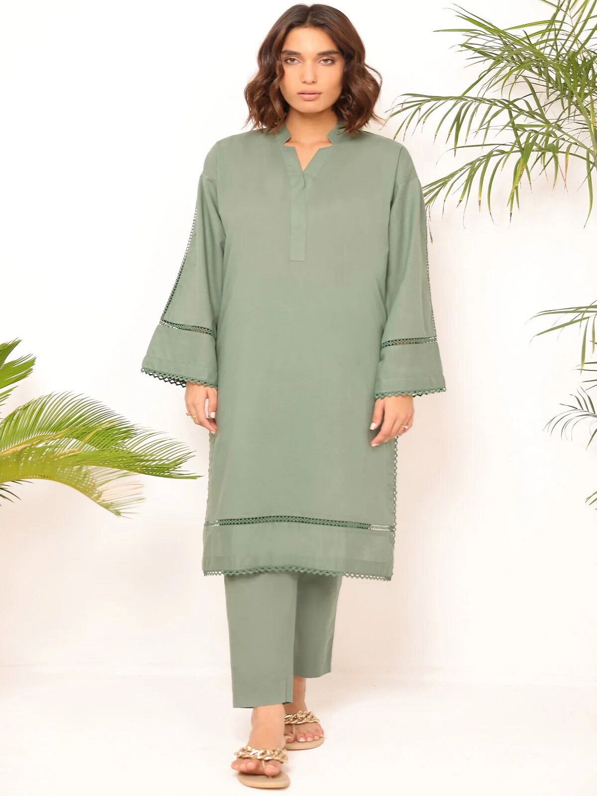 AKS Green Cotton Stitched 2 Piece