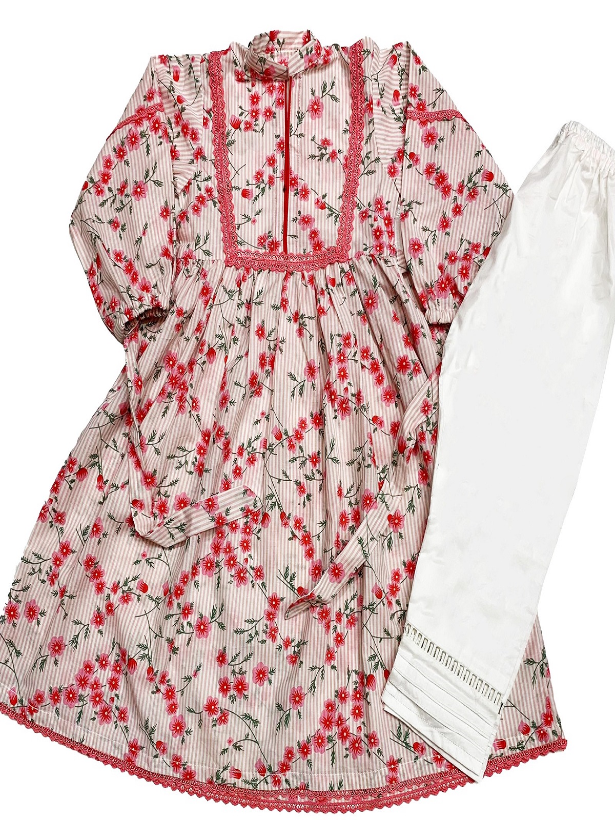 ZZC Red Lawn Stitched Frock with Trouser